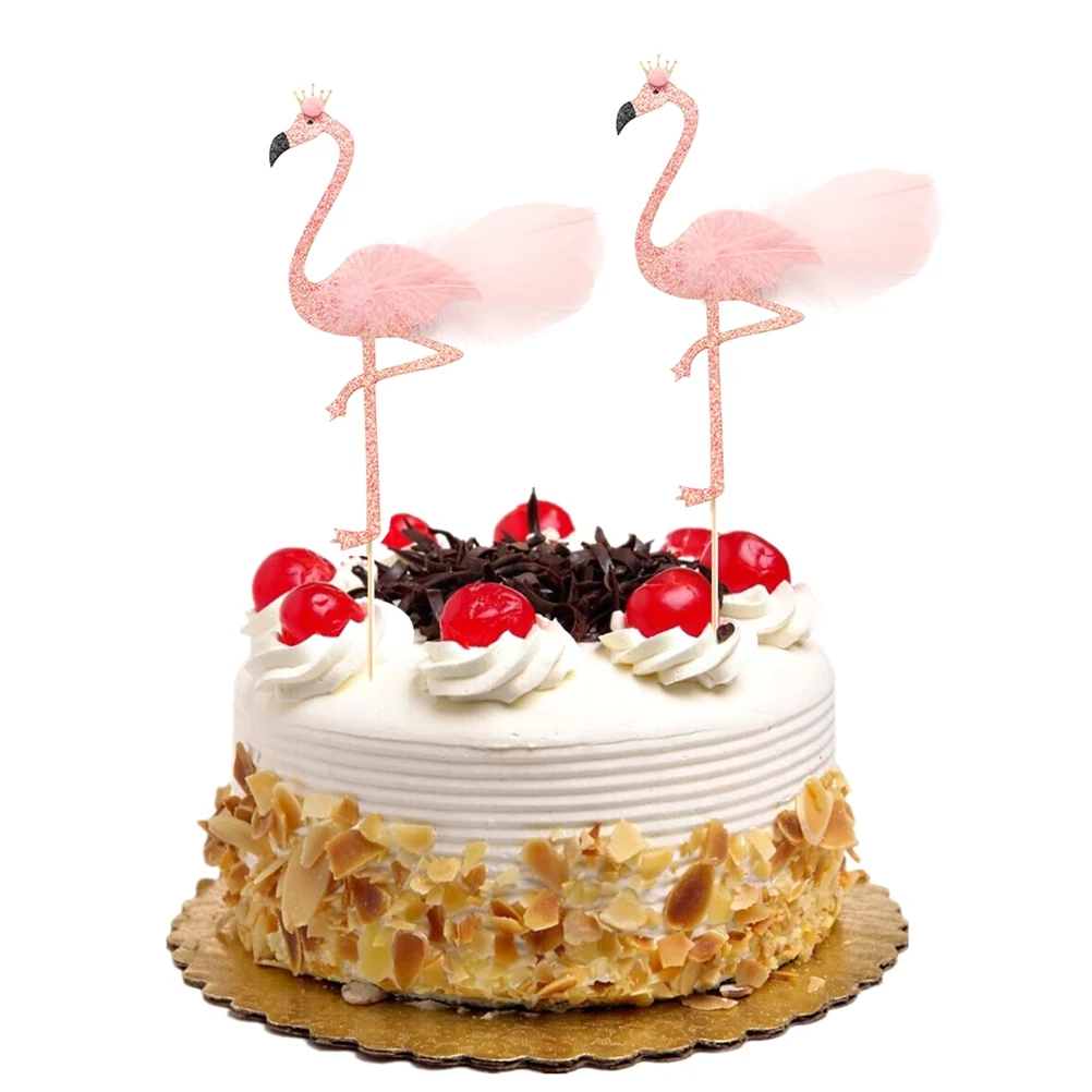 

5pcs Flamingo Decor Cake dessert Topper Feather Shining Dessert Fruit Insert Card for Festival birthday Party Gathering
