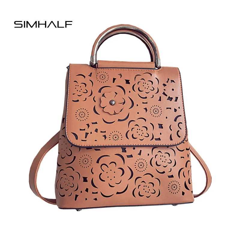 SIMHALF New Fashion Women s backpack High quality PU backpack female for teenagers Hollow Out Flower