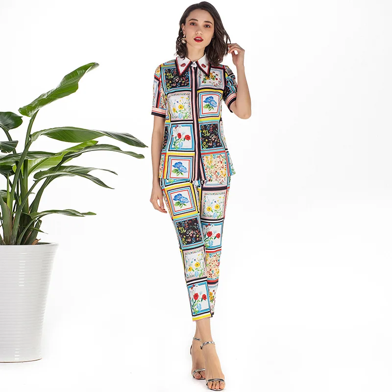 

2019 Summer runways 2 piece set diamonds floral print Shirts pencil pants Chic women's Shirt suit A229