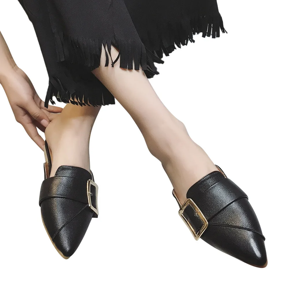 

Popular Slim Fashion Casual Pointed Toe Woman Female Slipper Slip On Loafers Flat Mules Square Buckle Straps Shoes Zapatos jan18