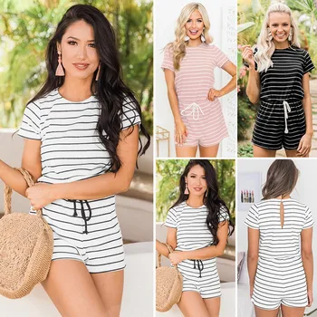 

jumpsuit bodysuitWomens Short Sleeve Striped Jumpsuit Ladies Summer Mini Playsuit Shorts Rompers боди для женщин Purchasing