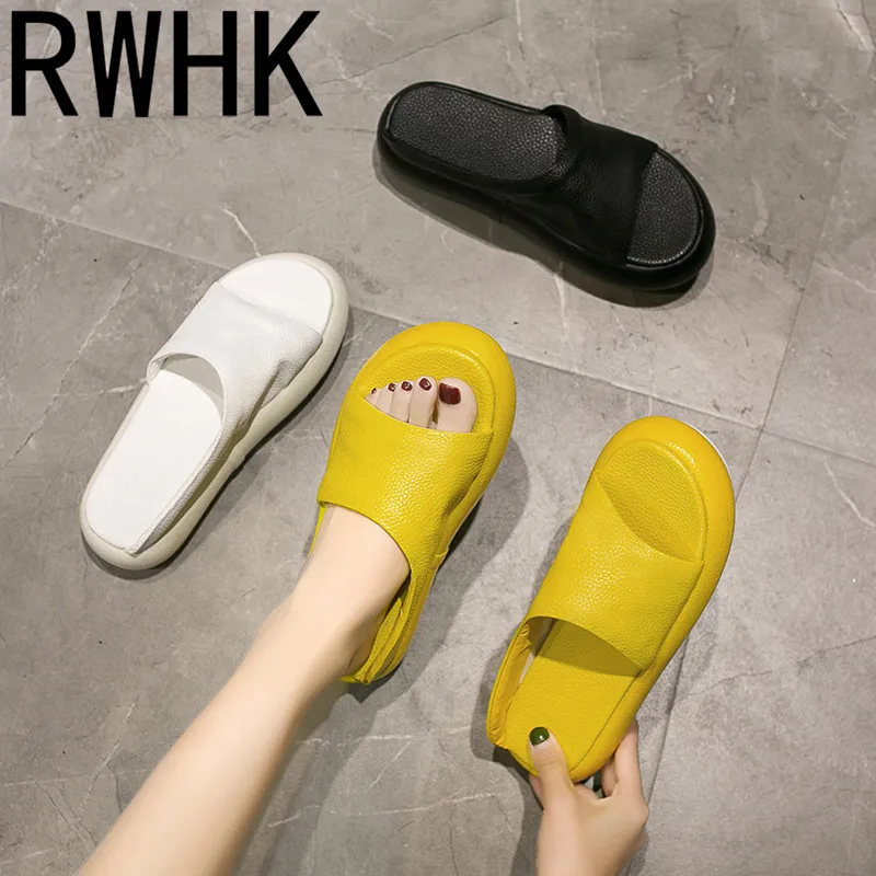 

RWHK 2019 summer women's shoes ladies summer sandals breathable lightweight PU flat with muffin bottom word slippers B058