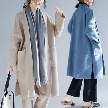 

BIG SIZE 4XL Autumn Winter Women Fashion Elegant Knit Outerwear Tops Ladies Female Plus Large Long Solid Split OL Trench Coat
