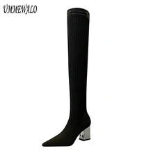 UMMEWALO/пикантные облегающие высокие сапоги с острым носком; Модные женские эластичные зимние вязаные сапоги на высоком каблуке; женская обувь