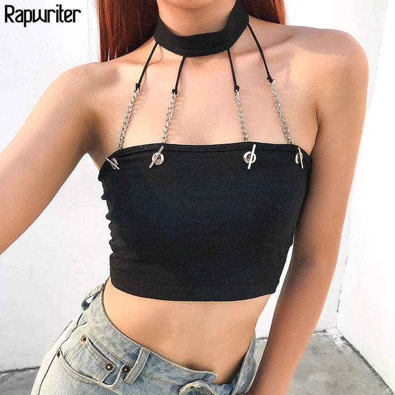 

Rapwriter Punk Style Chain Patchwork Black Halter Tank Tops 2019 Summer Streetwear Off Shoulder Bodycon Women Cotton Crop Top