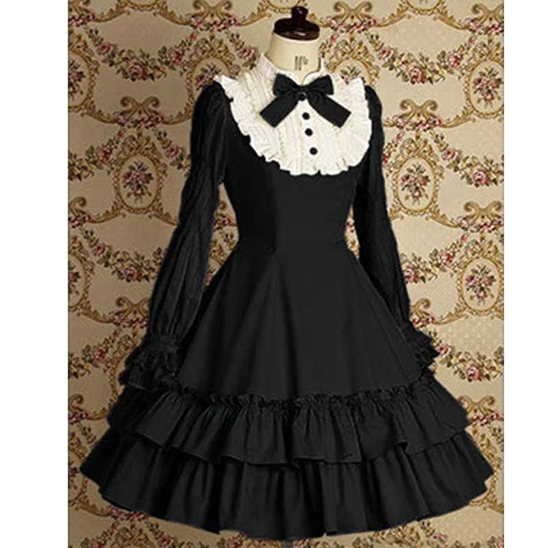 

Halloween Black Long Flare Sleeve Lolita Bow Cotton Sweet Lolita Dress,Black Gothic Dress Costumes For Ladies
