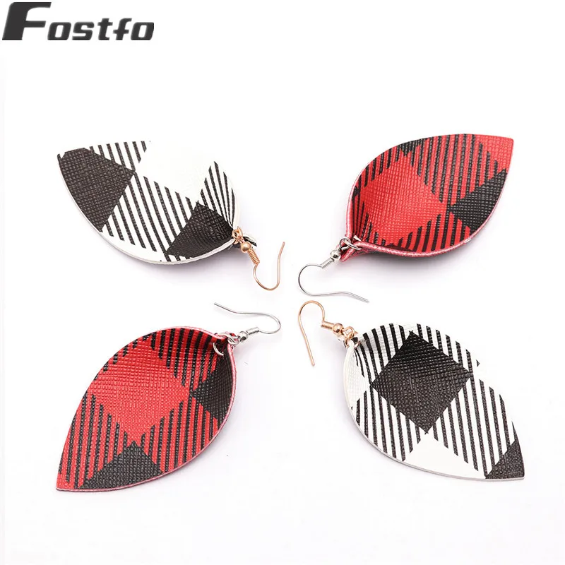 

Fostfo New Buffalo Plaid Leather Earrings Teardrop Earrings For Women Fashion Red Color Leaf Shape Gingham Earring Jewelry 2019