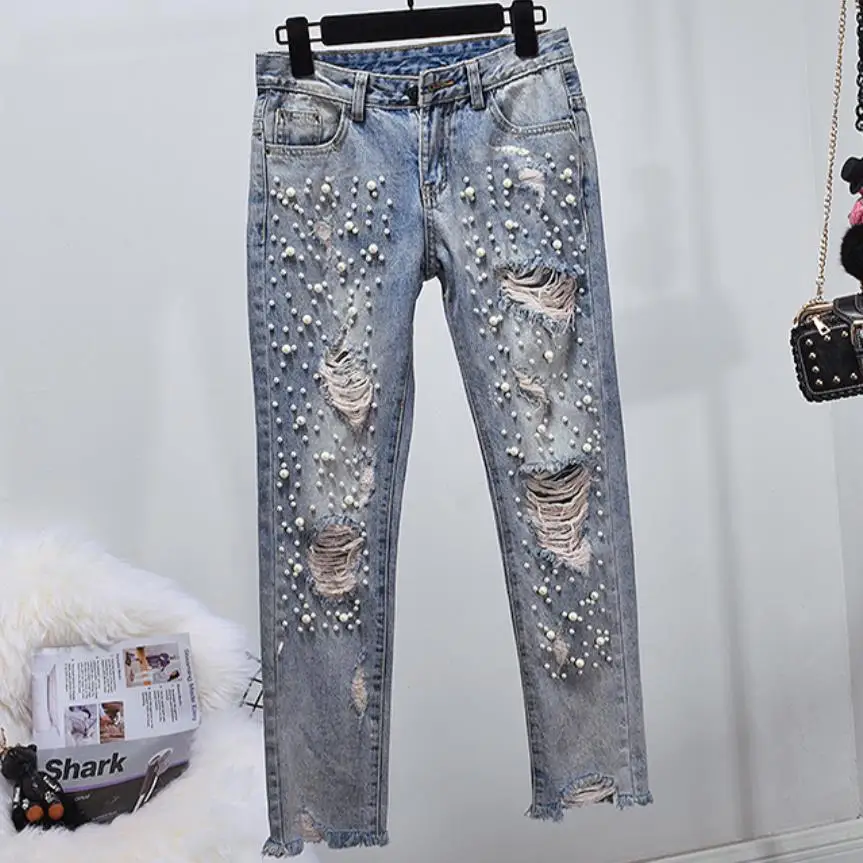 

Skinny Ripped Jeans Women Distressed Hole Beads Pearl Women Jeans With Pearls Denim Pencil Pants plus size