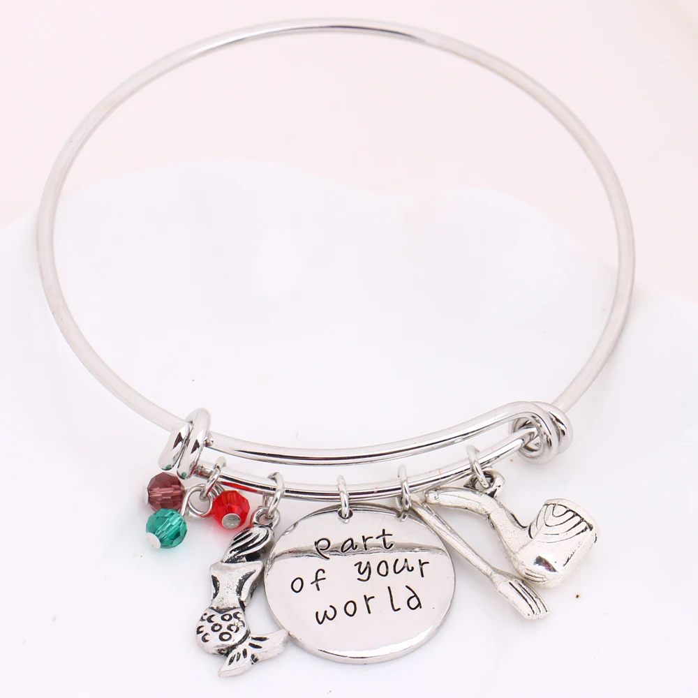 

Little Mermaid"part of your world"Silver Bangle Bracelet with Ariel Crystals dinglehopper Snarfblat Kolye Bangle Ocean Jewelry