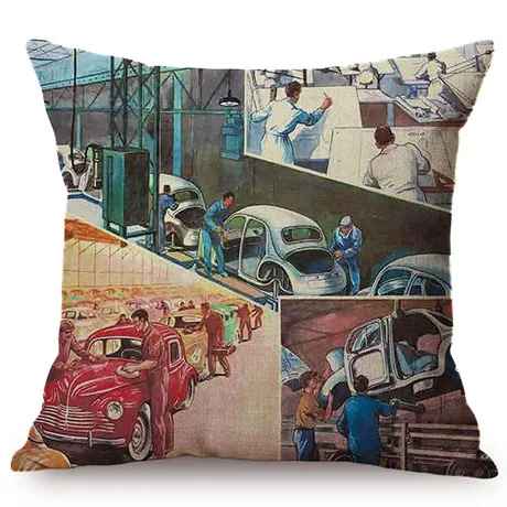 Vintage Car Style Print Cotton Linen Home Decorative Throw Pillow Case Living Room Nostalgia Restaurant Decoration Cushion Cover K93-6