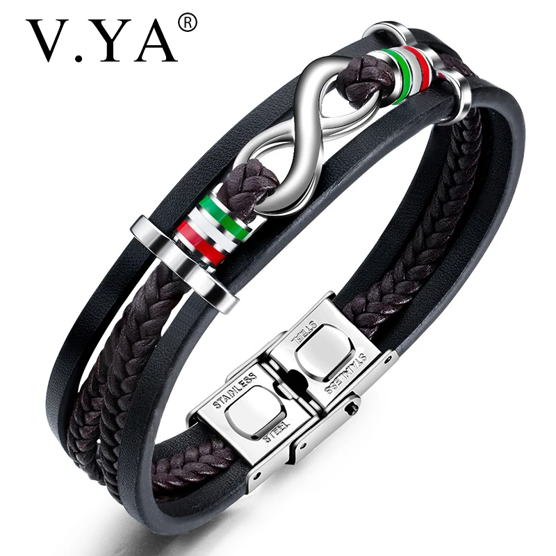 

V.YA Fashion 8 words Braided Black Bangle For Male Multicolor Multilayers PU Leather Stainless Steel Adjustable Bracelet For Men