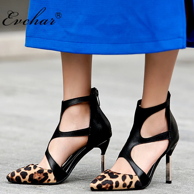 

EVCHAR new Leopard Print super High Heels Sandals Women Pointed Toe Footwear Fashion Office Female Shoes Woman Plus Size 32-48