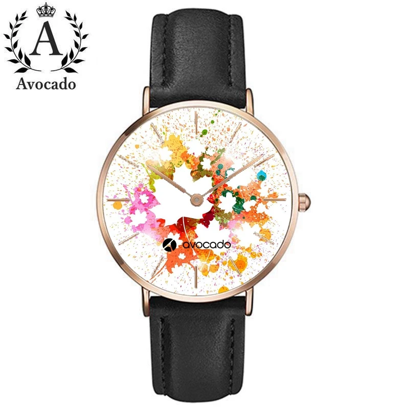 AVOCADO Fashion Wave Art Quartz Women's Watch Maple Leaf Print Rose Gold Watercolor Gift Watch Leather Watch Christmas Gift