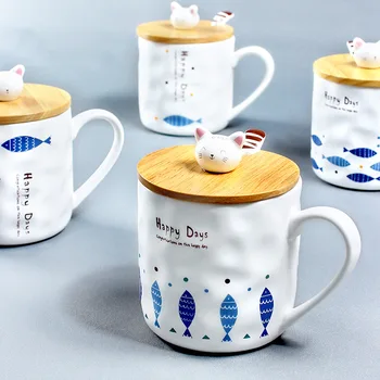 

Japanese Style Cat Fish Cute Cartoon Cups 400ml Ceramis Coffee Mugs with Spoon Lid Home Porcelain Milk Cup Birthday Gift