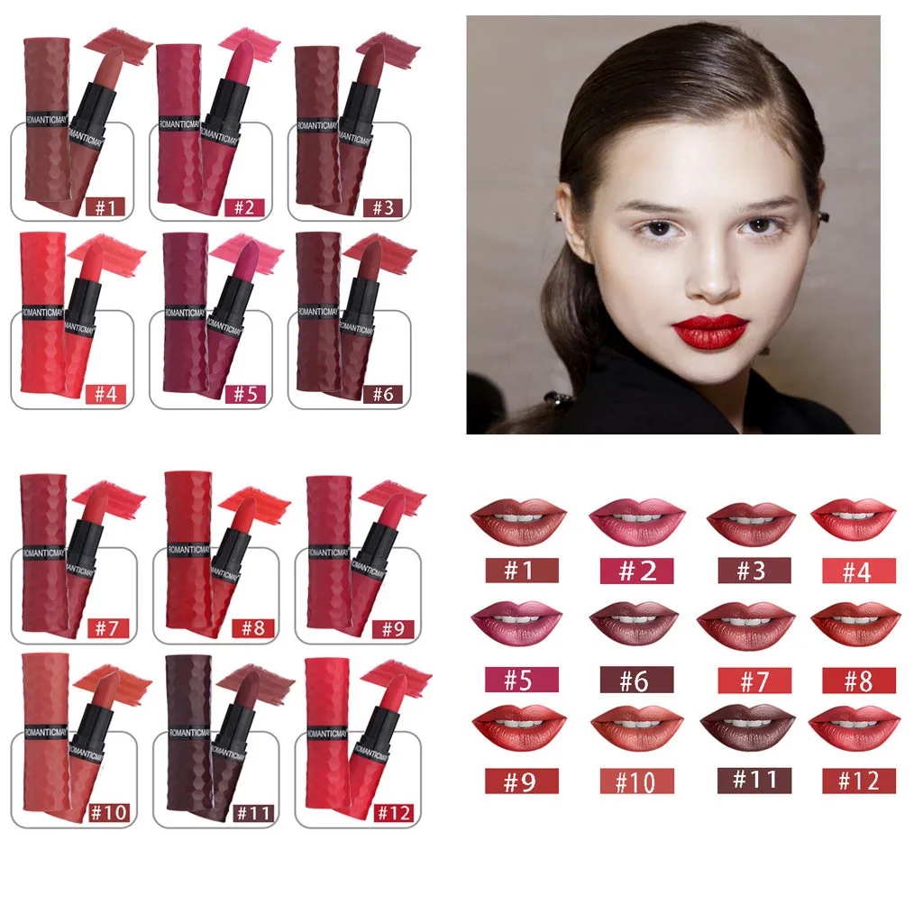

12 colors Ladies red matte lipstick long lasting Makeup Waterproof Sexy Hydrating Long Lasting Lip Gloss Lipstick nude matte