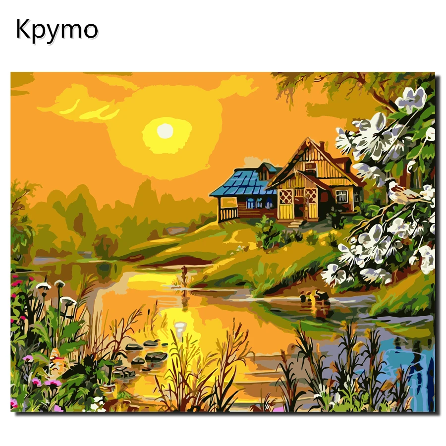 Offerte Kpymo Paesaggio della Pittura di DIY Dai Numeri di riverside villa Moderna Kit Camera di Arte Della Parete Picture Acrilico Dipinto A Mano Regalo di numeri di Colore