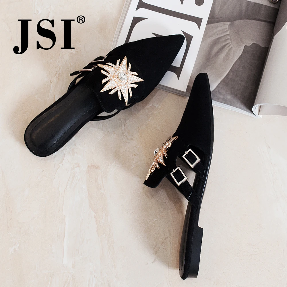 

JSI Fashion Basic Women's Sandals Pointed Toe Metal Decoration Slip On Muller Shoes Low Heel Rhinestone Flat With Sandals JO87