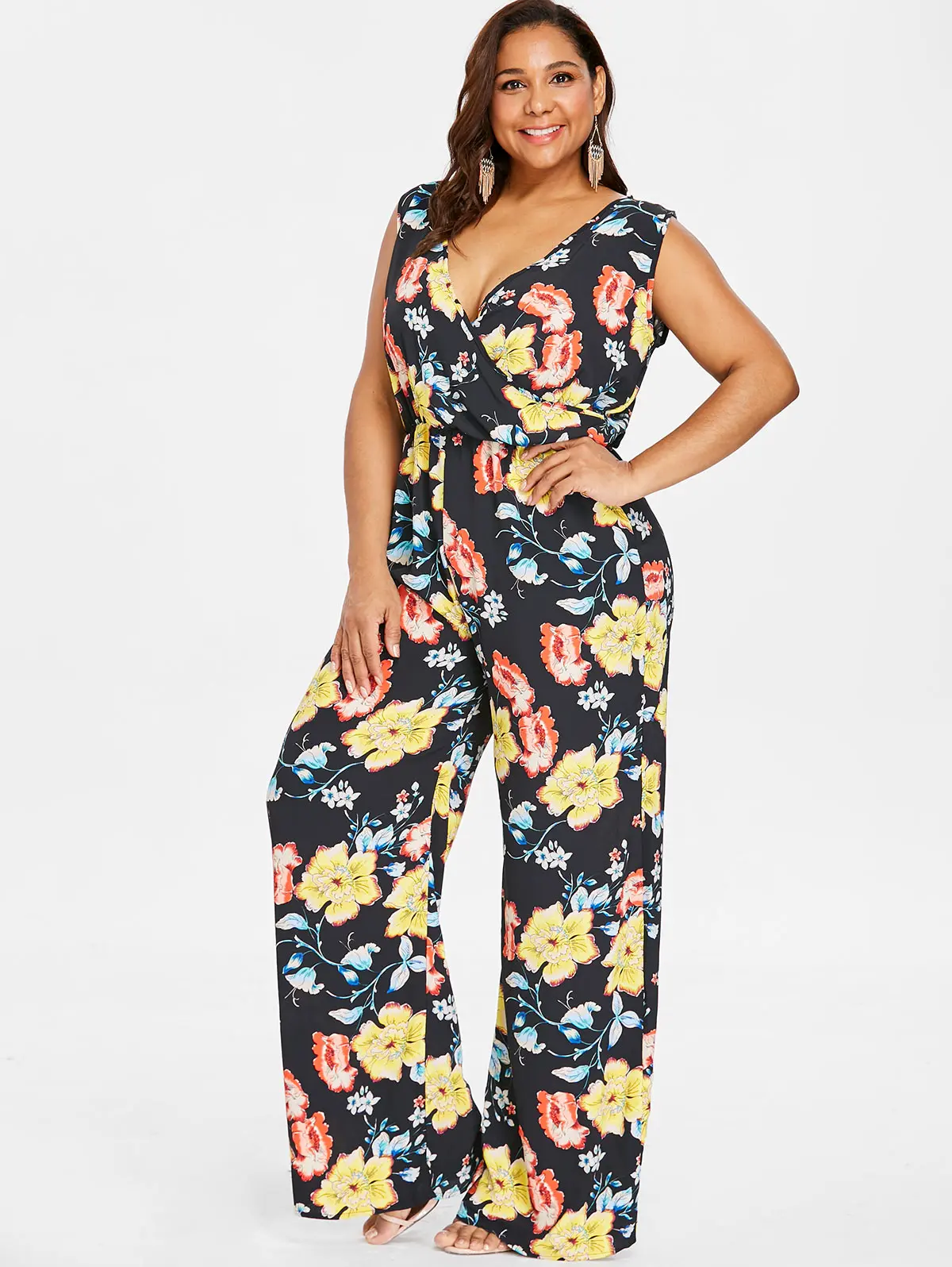 Kenancy Plus Size Floral Sleeveless Wide Leg Surplice Jumpsuit Pockets ...