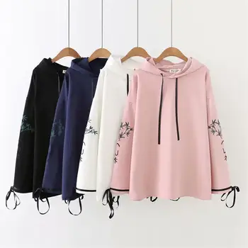 

Plus size Embroidered lace up hoodies women white & dark blue & black & pink sweatshirt 2018 new spring autumn ladies pullovers