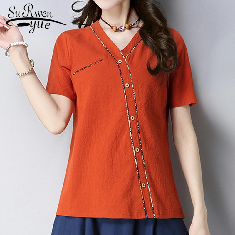 Buy New 2018 Summer Women Blouses Short Sleeve Cotton