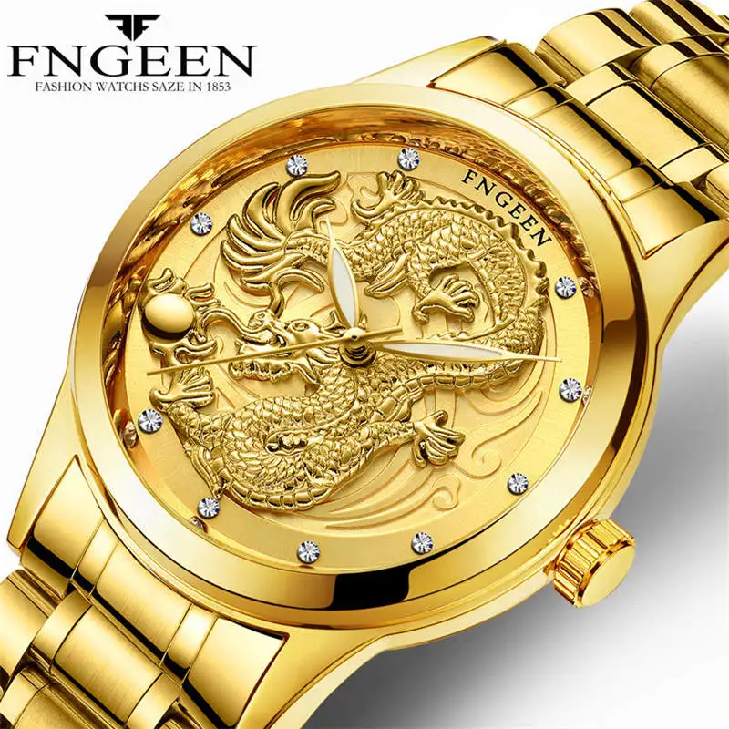 

relogio masculino Genuine FNGEEN Mens Watches Top Brand Men Luxury Gold Dragon Sculpture Quartz Watch Men Full Steel Wristwatch