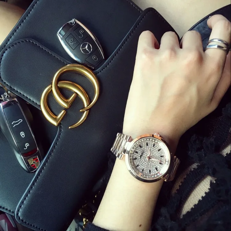 Мода 38 мм со стразами черный циферблат женские часы личность Wild Rose Gold Сталь ремешок Кварцевые Для женщин часы подарок для Для женщин