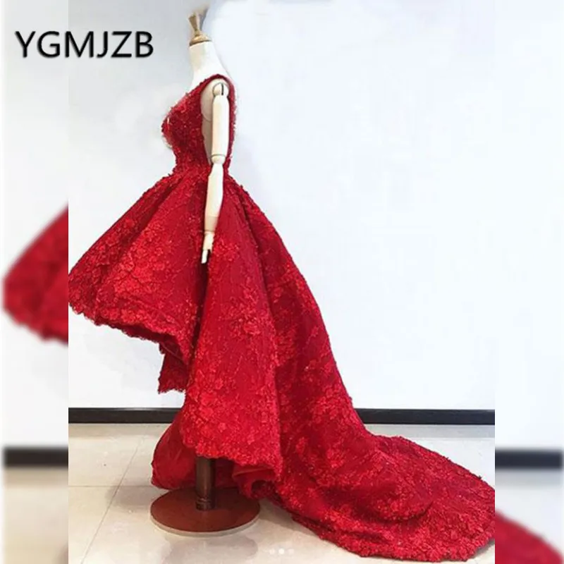 Халат De Soiree 2019 Красный Вечерние платья с вышивкой Высокий Низкий V шеи 3d цветы Саудовская Аравия Для женщин вечернее платье для выпускного