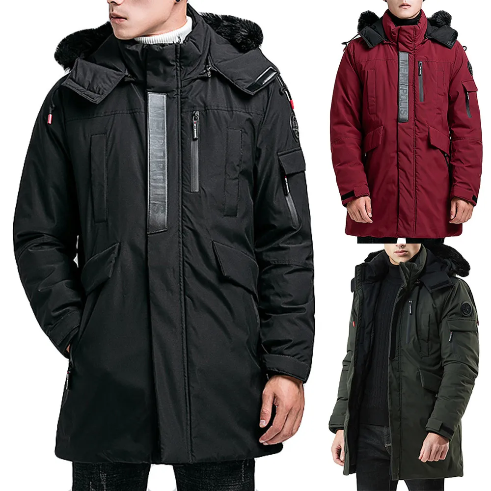 Winter Jacket Men Medium Length Zipper Hoodie Thickened Wind Proof
