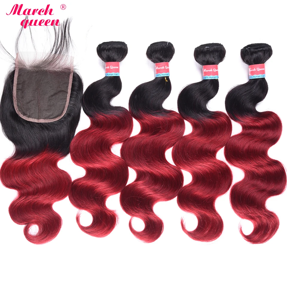 

March Queen Ombre Burgundy Peruvian Body Wave 4 Bundles Dark Root T1B/Red Human Hair Bundles With Lace Closure Hair Weft Weave