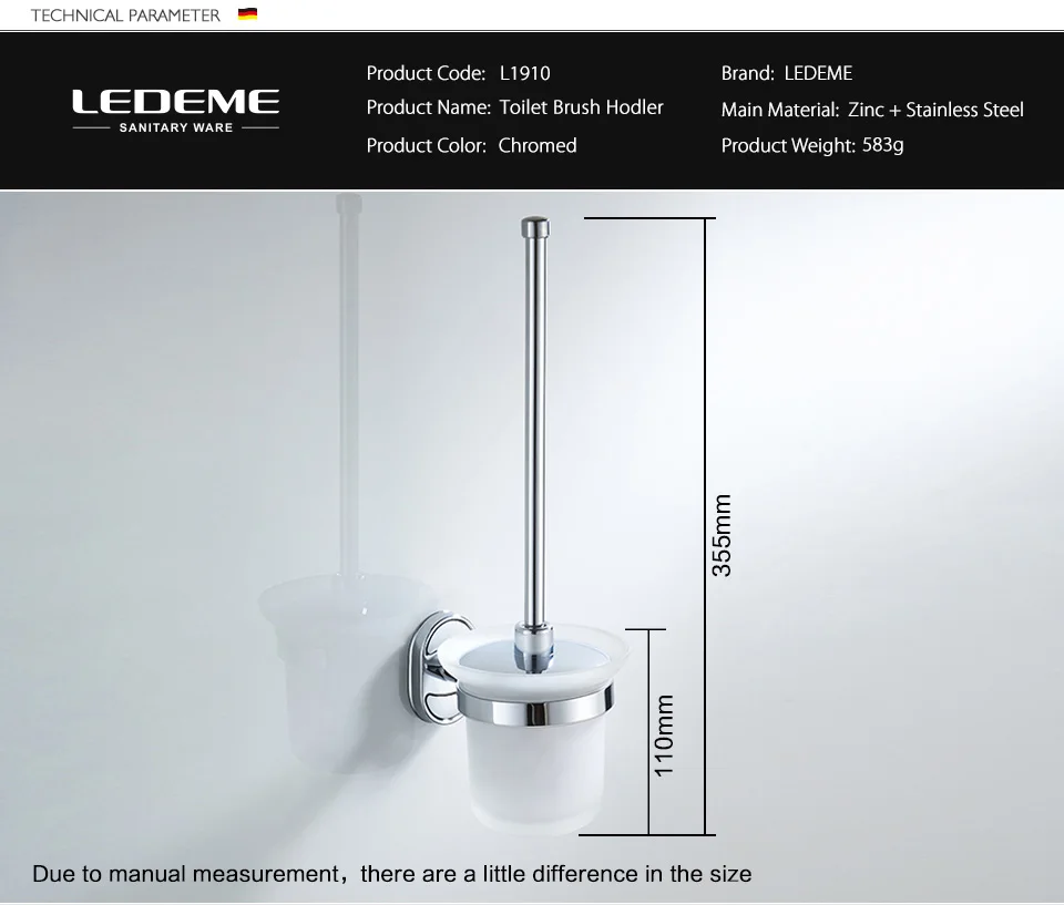 Держатель для туалетной щетки LEDEME из нержавеющей стали, настенный держатель для туалетной щетки прочного типа со стеклянной чашкой, Классический хромированный держатель L1910