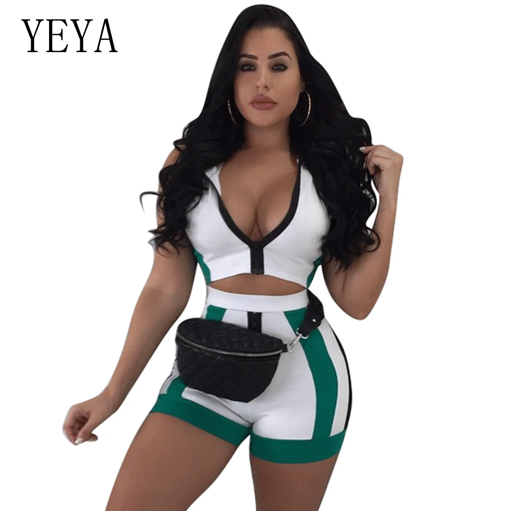 

YEYA 2 Piece Set Women Playsuit Sleeveless Zipper Hooded Bodycon Jumpsuit Short Romper Patchwork Casual Playsuit Summer Overalls