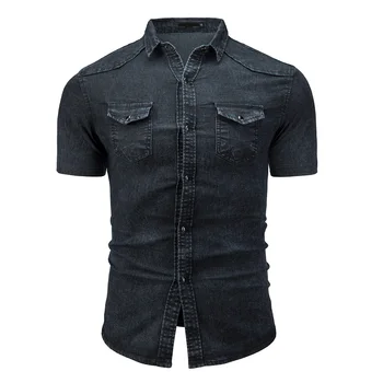 

Denim Shirt Men Casual Short Sleeve modis Men Shirt Fashion Slim Fit Jeans Shirts Summer 2019 Streetwear camiseta hombre H40