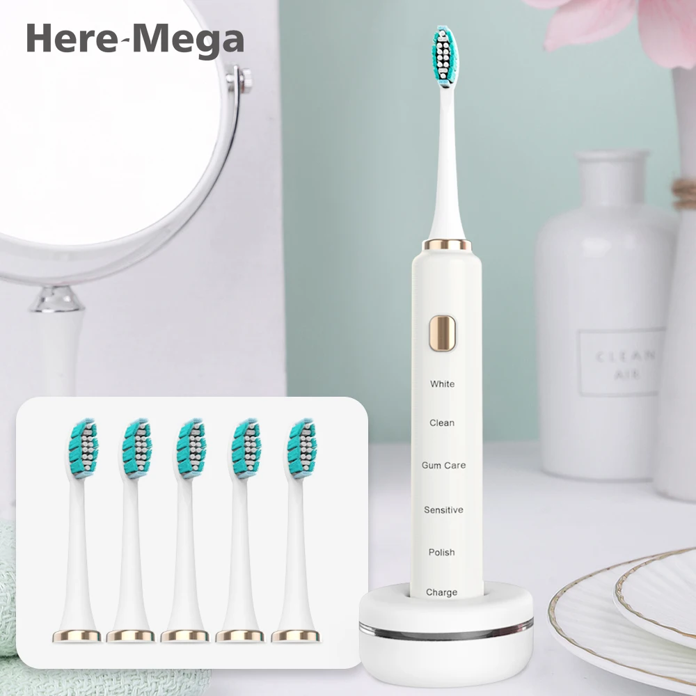 

Here Mega Sonic Electric Toothbrush Effective Whitening Cleaning Wireless Inductive USB Charge DuPont Brush Head Low Noise