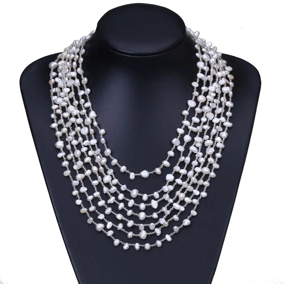 

White Baroque Shape Freshwater Pearl Crystal Strand Multilayers Female Statement Necklace Jewelry