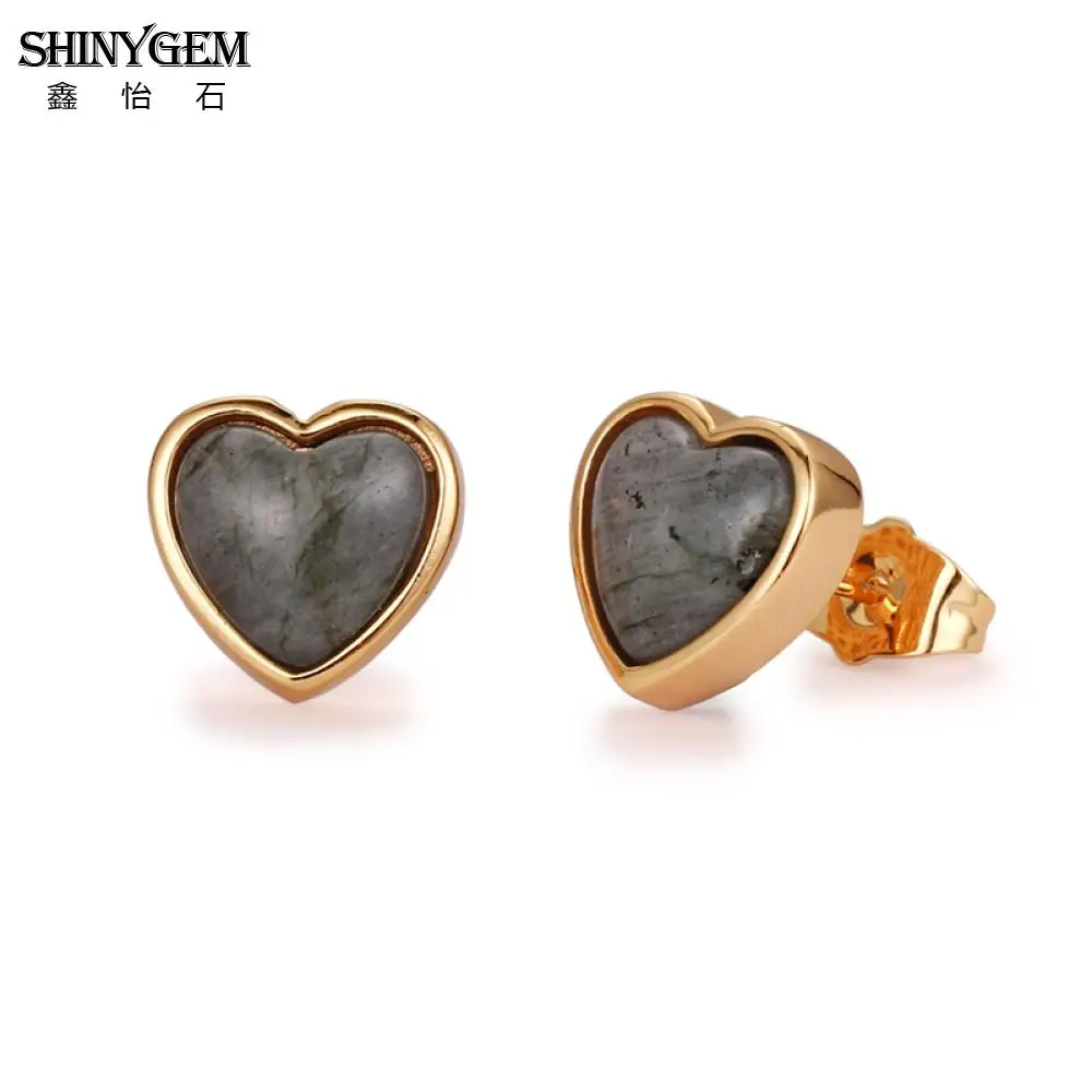 

ShinyGem Classic Natural Stone Earrings Gold Plating Love Heart Stud Earrings High Quality Black Labradorite Earrings For Women