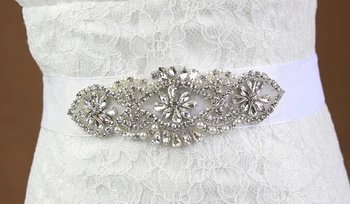 

Flower Silver Glass pearl Rhinestone Applique sash belt for Wedding Dresses For Costume Decoration