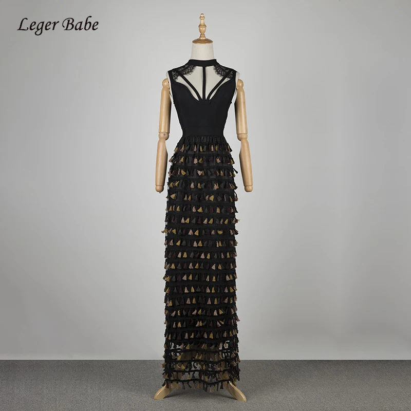 Maxi Noble Party Hl Celebrity 2018 Dentelle Femmes Évider Robe Gland Patchwork Manches Bandage Nouveau Robes Sans En cou O Black qIBBFw
