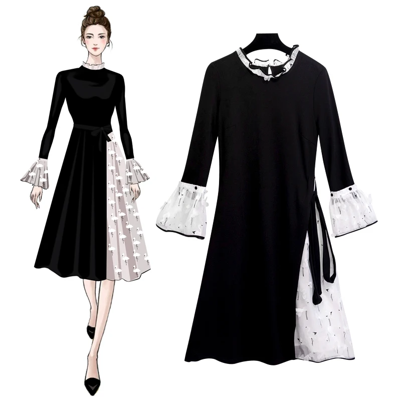 

2018 Autumn Spring Women Dresses Ruffles Mesh Patchwork Slim Sashes A-line Dress Eleganr Casual Evening Party Vestidos Mujer