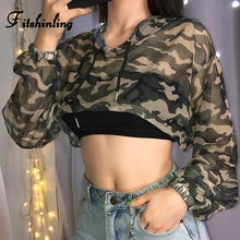 Fitshinling原宿迷彩クロップトップ女性tシャツメッシュシアーセクシーな付きtシャツ女性 2020 秋の新tシャツ販売