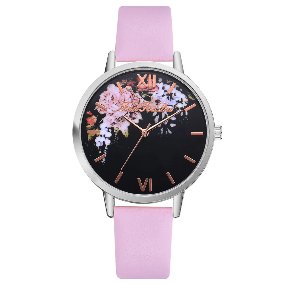 

Causal Watches Women Ladies PU Leather Band Flower Pattern Round Case Quartz Wrist Watch Relogio Feminino Zegarek Damski 2019