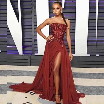 

2019 New Elegant Strapless Eevning Celebrity Party Beading Red Long Maxi Mermaid Dress Sequin Backless High Split Club Vestidos