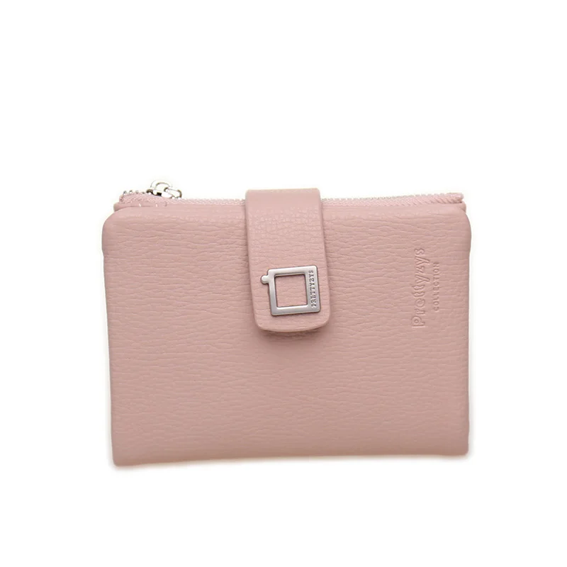 Small Zipper Bifold Coin Purse Solid Color Lichi Pattern Leather Womens Credit Card Holder Candy ...