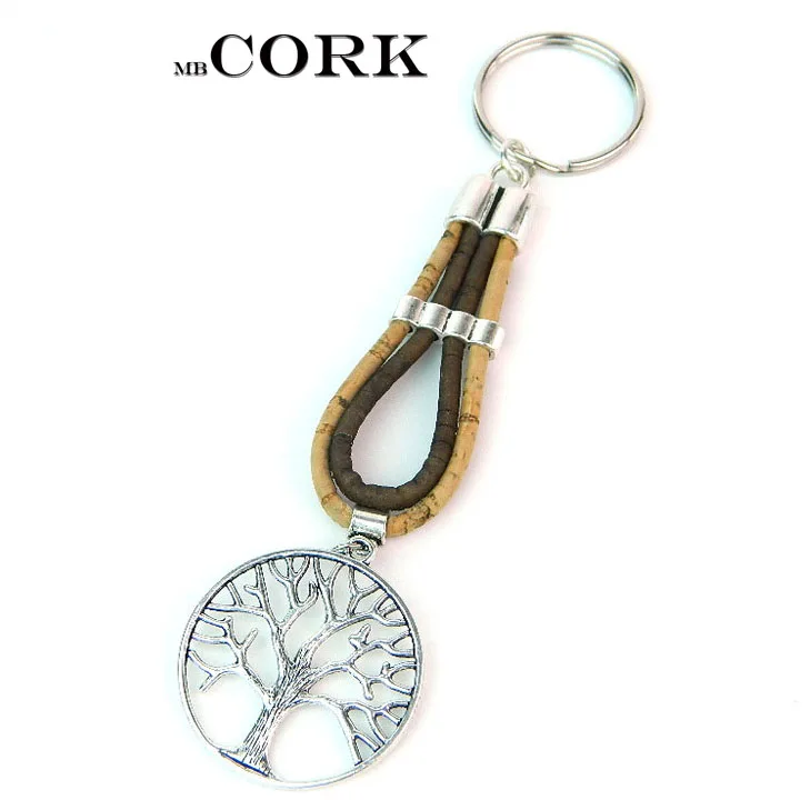 Portuguese cork key chain, natural cork, Brown color cork and wood
