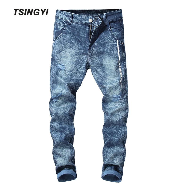 

Tsingyi Disstressed Hole 3D Snow Wash Jeans Men Skinny Homme Letter Print Elastic Denim Cotton Jeans Streetwear Pencil Pants