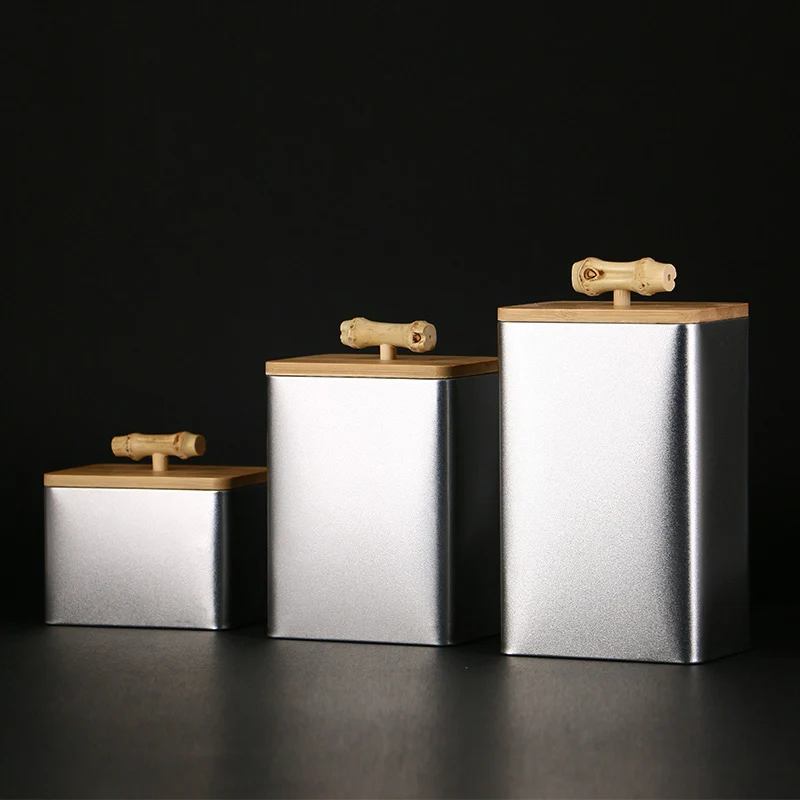 

Frosted Tin Sealed Can Tea Box Storage Bottle Chinese Simple Natural Bamboo Cover Kitchen Storage Jars Containers Seasoning Tank