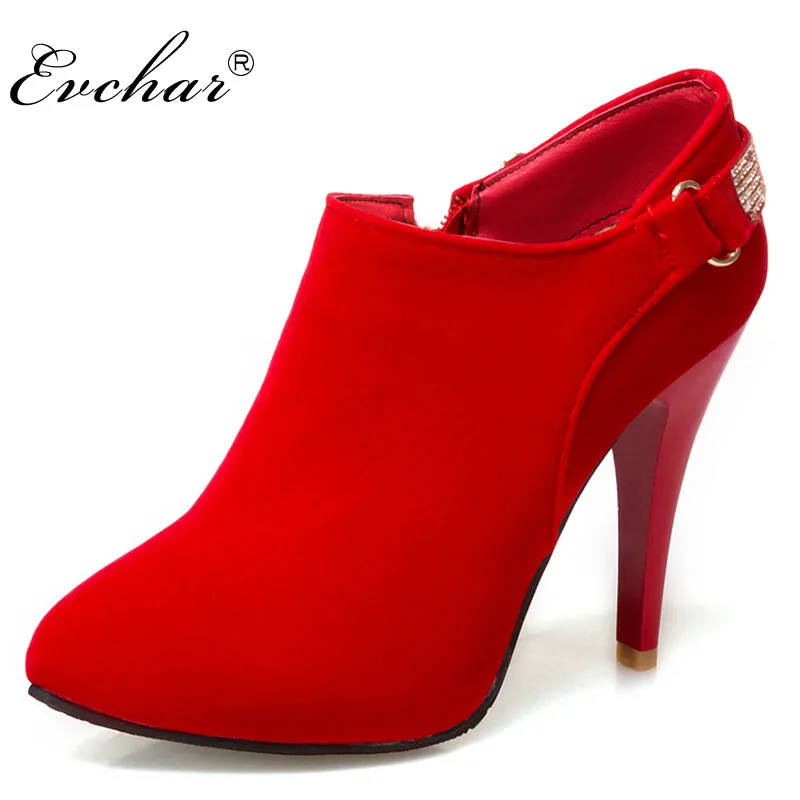 EVCHAR/Новые Модные ботильоны с кристаллами женская обувь короткие плюшевые сапоги для верховой езды с острым носком на очень высоком тонком каблуке с боковой молнией; размеры 32-50
