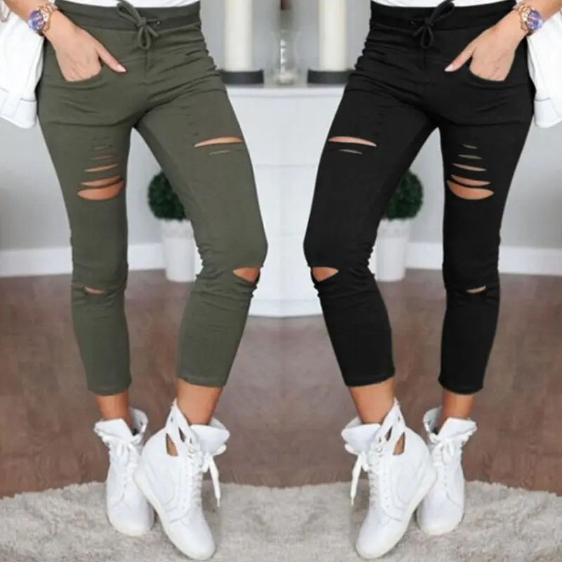 

Women Skinny Ripped Holes Leggings Drawstring High Waist Casual Stretch Slim Legins Solid Color Long Trouser For Women