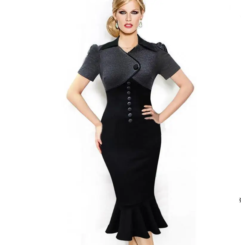 

Womens Vintage Retro Geometric Button Slim fishtail Tunic Patchwork Bodycon Fit Wear to Work Business Casual Flouncing Dress
