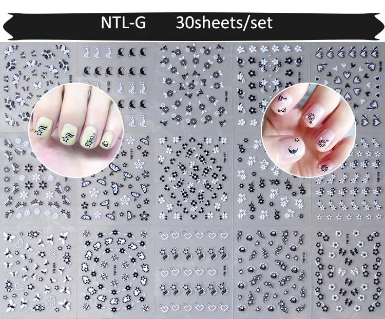 

Beautiful Decals 30Sheets/Lot White Black Flowers Nail Art Transfer Stickers 3D Design Manicure Tips Decal Decorations