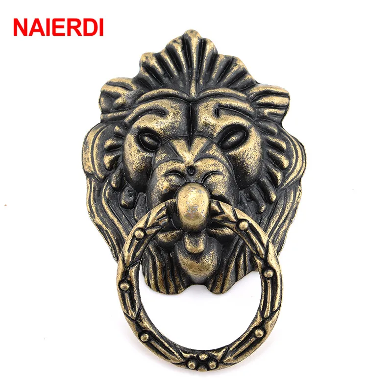 NAIERDI 69*44mm Antique Furniture Handle Vintage Lion Head Cabinet Pulls Handles Furniture Door Cabinet Drawer Pull Handle Knob